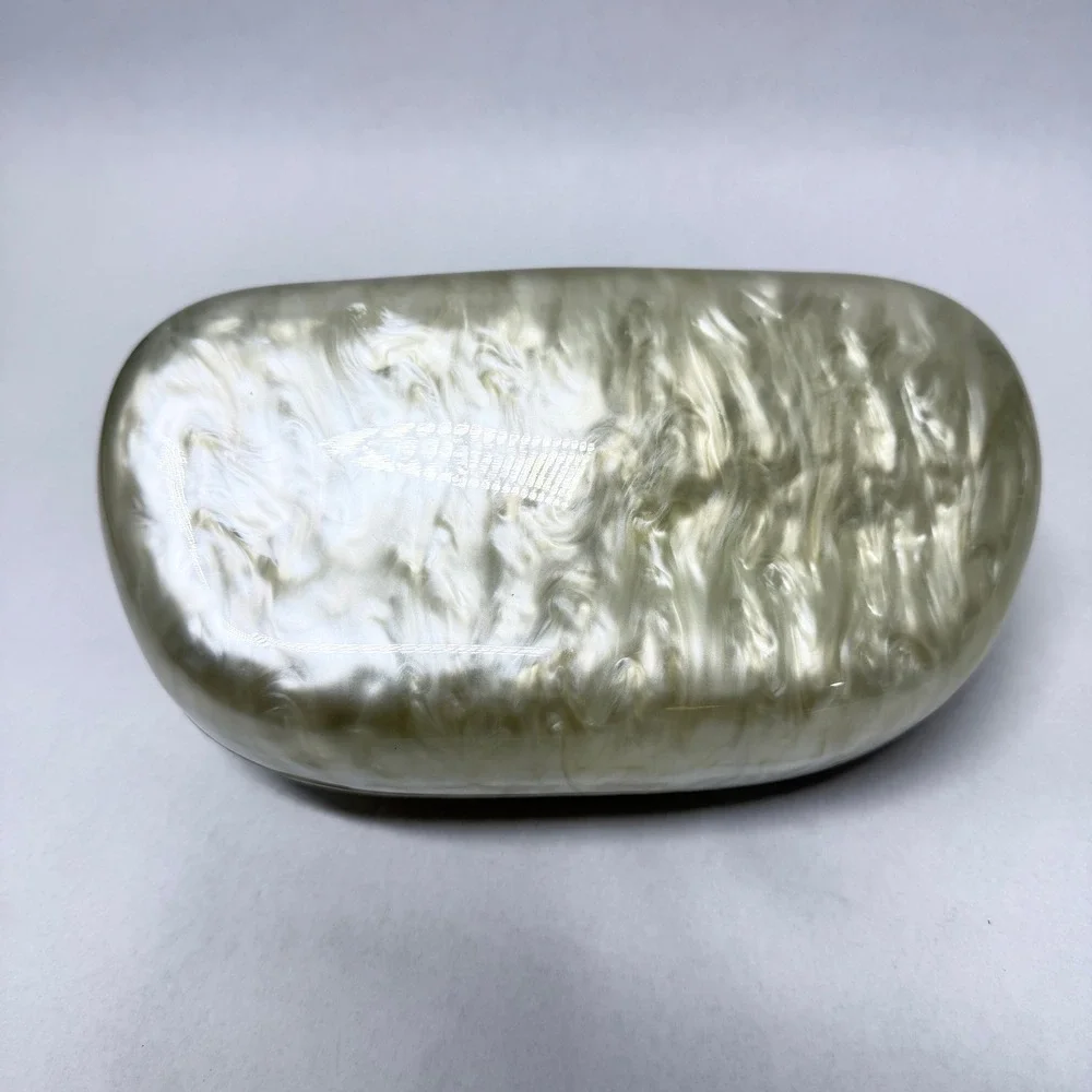 Unbranded Pearl White Marbled Acrylic Clutch Gold Sculptural Handle Minaudiere